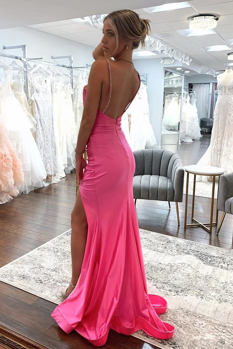Mermaid Charming V Neck Pink Satin Long Prom Dresses with Beading